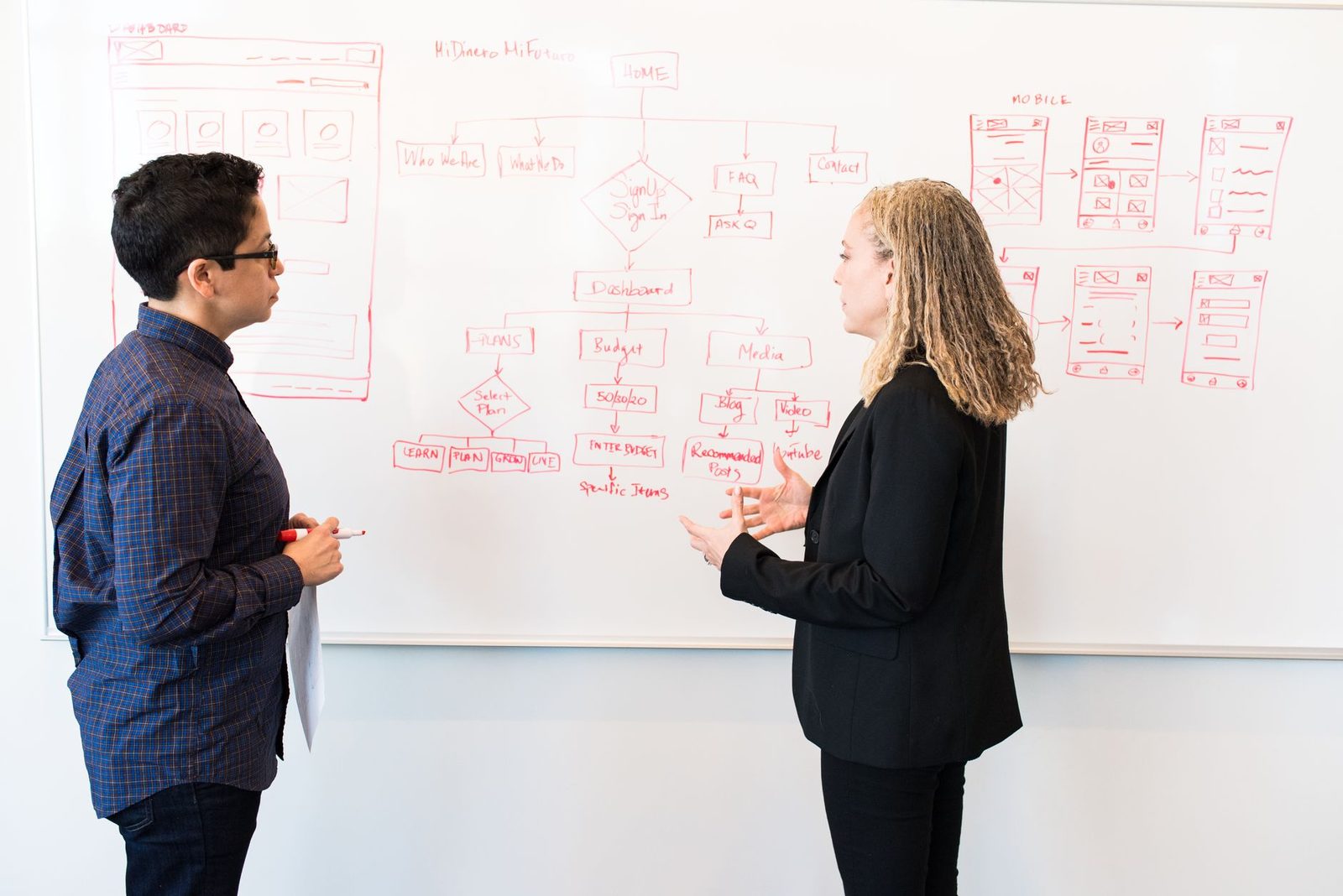Dois profissionais discutindo estratégia de marketing digital em um quadro branco