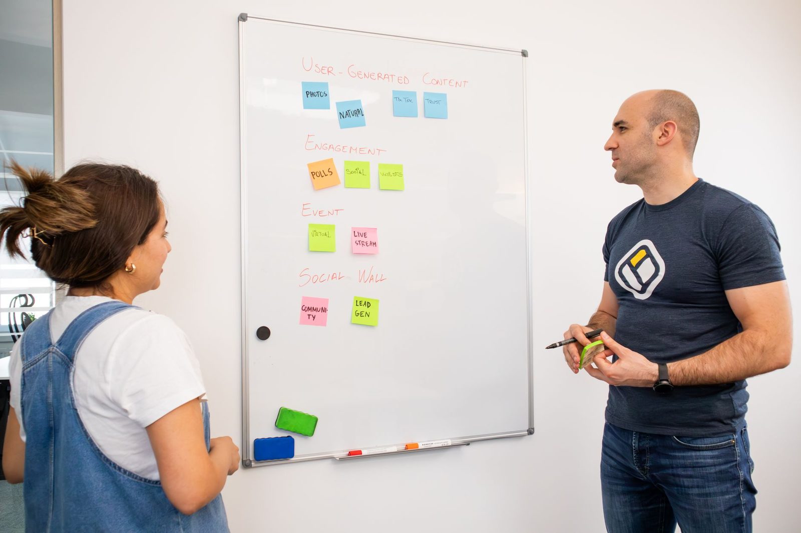 Colegas de trabalho fazendo brainstorming de estratégia em quadro branco no escritório