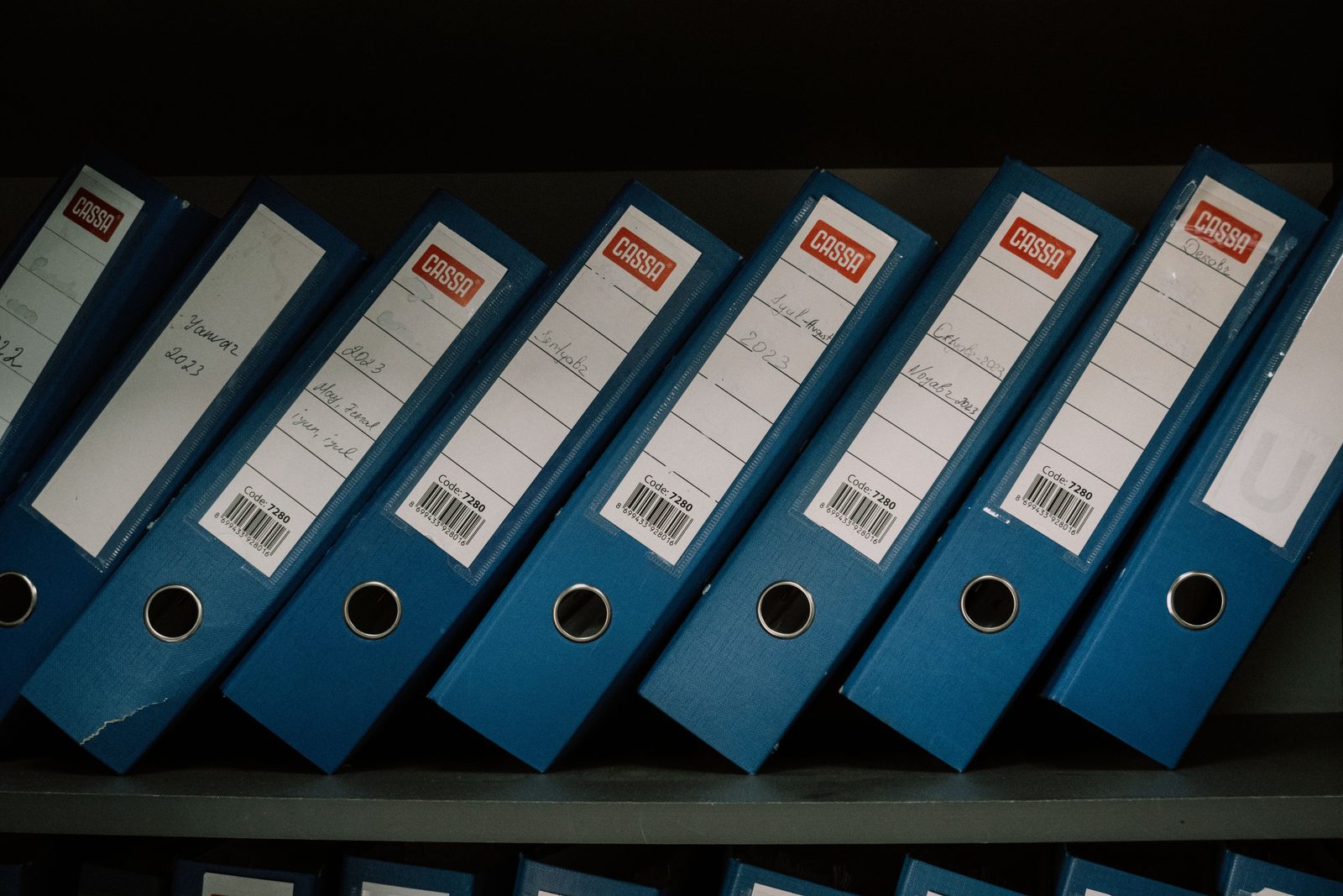 Pastas de arquivo organizadas e etiquetadas em uma estante de escritório